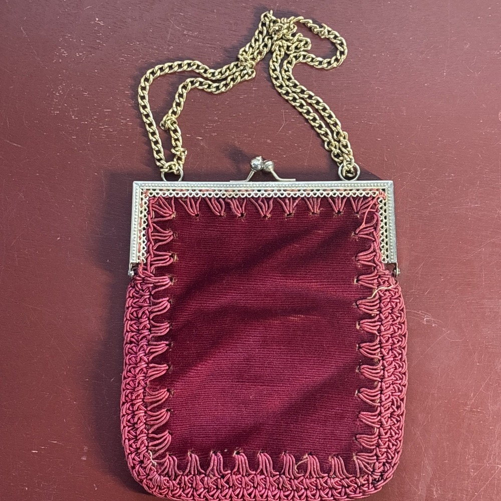 Vtg 40s 50s Red Velvet Purse Handbag Gold Tone Kiss Lock Closure Evening Italy